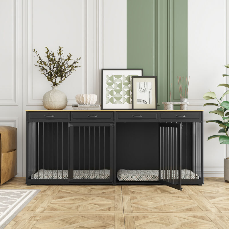 Large Dog Crate Console with Storage Drawer, 92.9" W x 27.6" D x 39.4" H