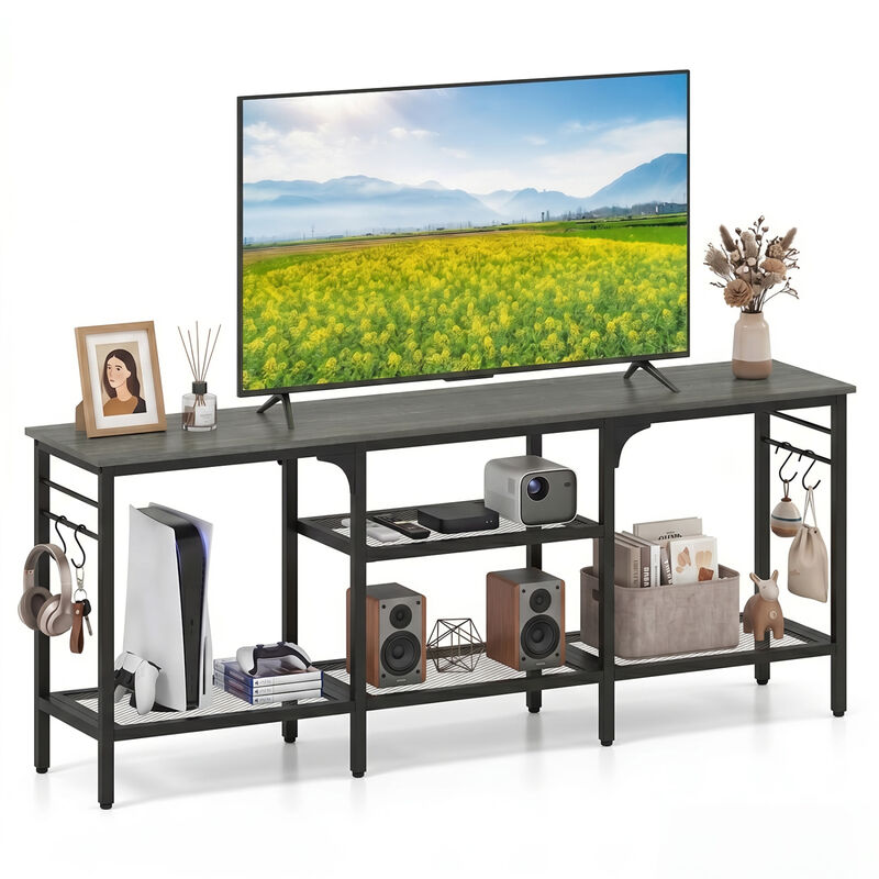 Modern TV Stand with Open Shelves and 4 Hooks Organizer image number 3