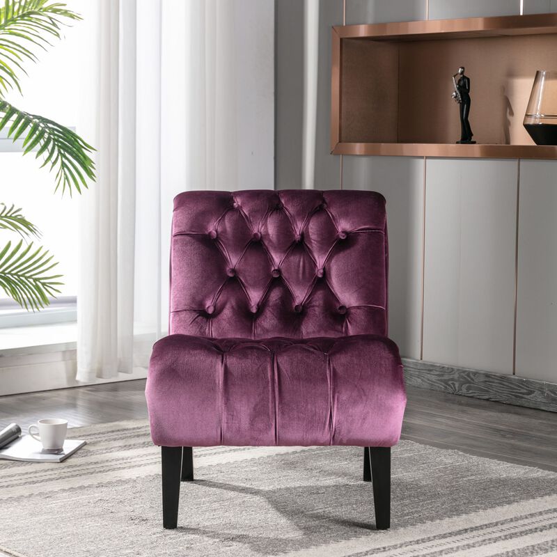 Modern Velvet Accent Chair, Armless Button Tufted Upholstered Barrel Chair with Wood Legs for Living Room, Bedroom, Office image number 2