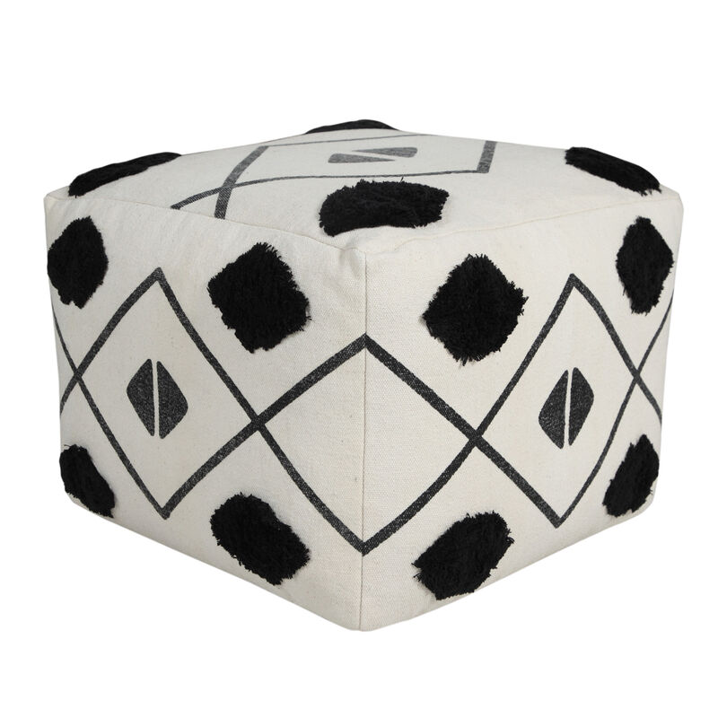 Hivvago 18 Inch White Cotton Geometric Pouf Ottoman
