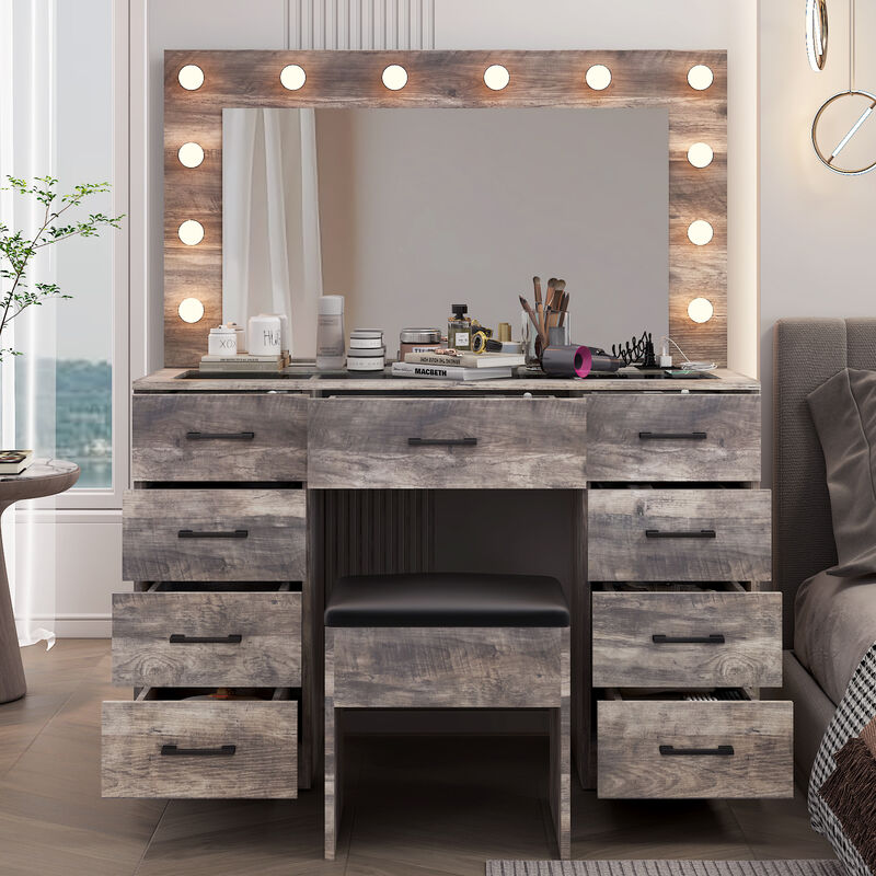 Vanity Desk Set with Large Lighted Mirror and Power Outlet &ndash; Modern Makeup Table with Storage and Charging Station