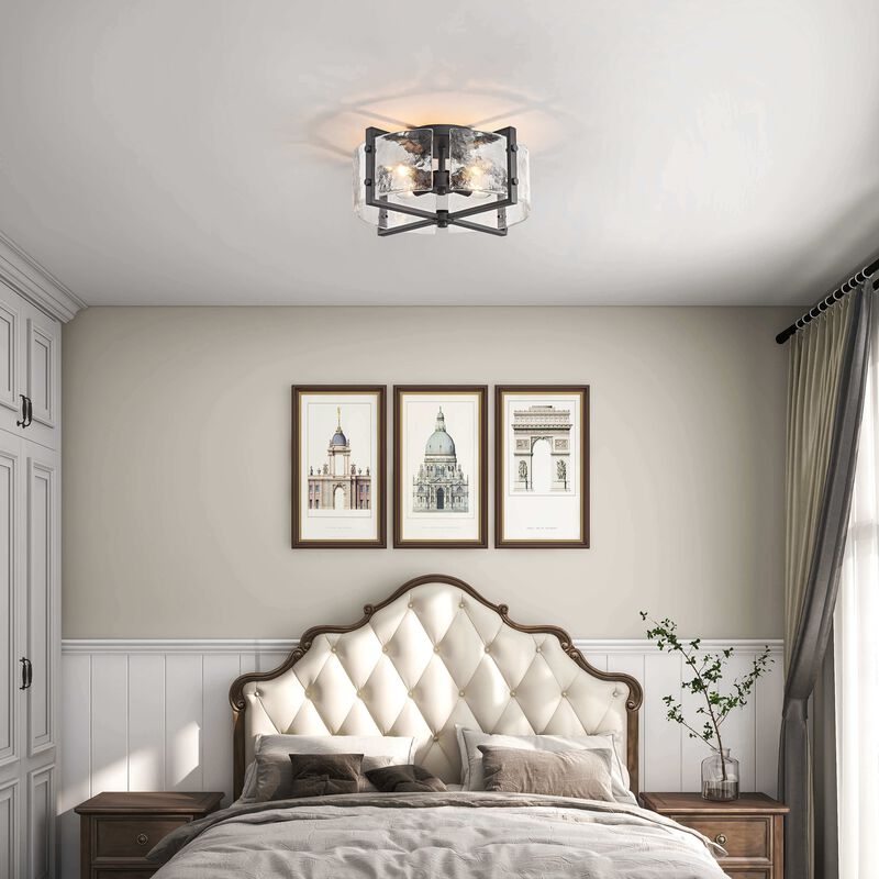 Emma Black 4-Light Metal Frame Textured Glass Panels Flush Mount image number 6