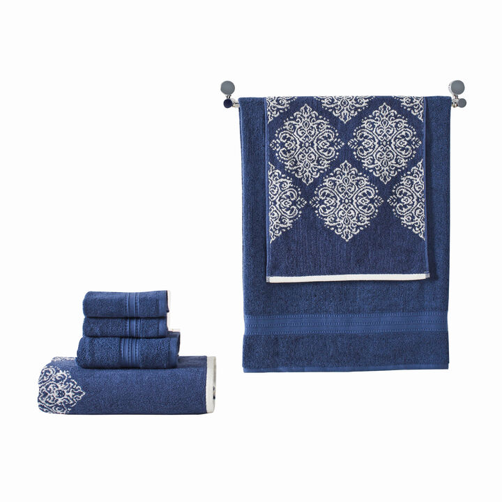 Eula Modern 6 Piece Cotton Towel Set, Stylish Damask Pattern, Deep Blue-Benzara