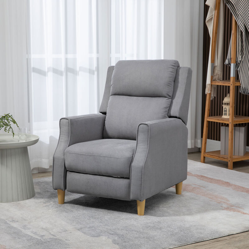HOMCOM Fabric Recliner Chair, Modern Push Back Reclining Chair, Accent Lounge Arm Chair with Footrest, Solid Wood Legs, Gray