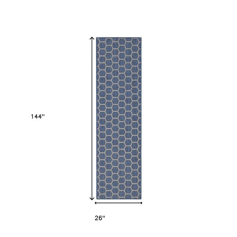 HomeRoots 12' Blue And Ivory Geometric Indoor Outdoor Runner Rug image number 2