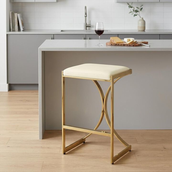 HomeRoots 24" Off White and Gold Faux Leather and Iron Backless Counter Height Bar Chair