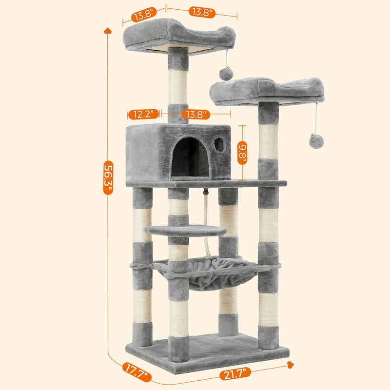Multi-Level Cat Tree &ndash; 56.3-Inch with Sisal Scratching Posts and Plush Perches
