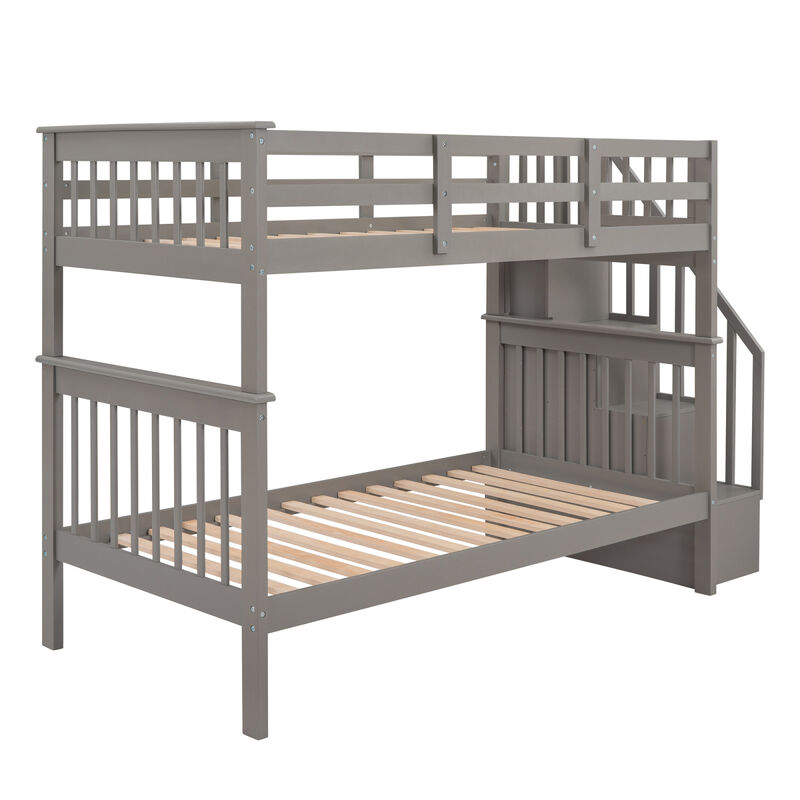 Stairway Twin-Over-Twin Bunk Bed With Storage And Guard Rail For Bedroom, Dorm