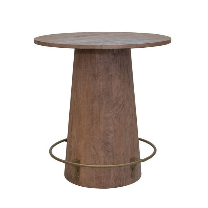 Kohl 39 Inch Bistro Table, Round Top, Mango Wood, Gold Iron Footrest - Benzara
