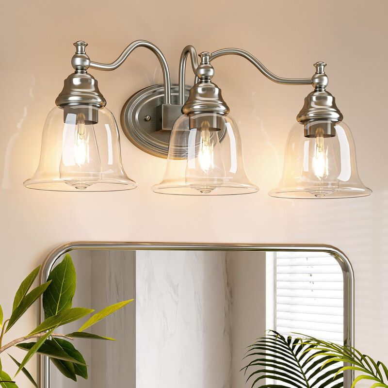 Gold Bathroom Vanity Light, Three-Light Clear Glass Bell Shades image number 9