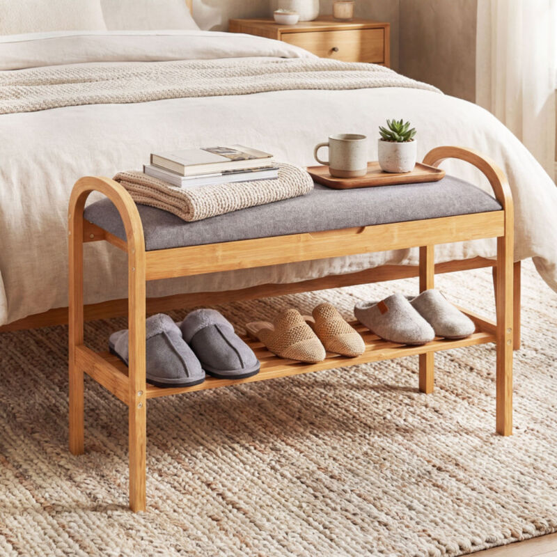Entryway Wicker Shoe Bench with 2-Tier Storage and Soft Cushion-Natural image number 4