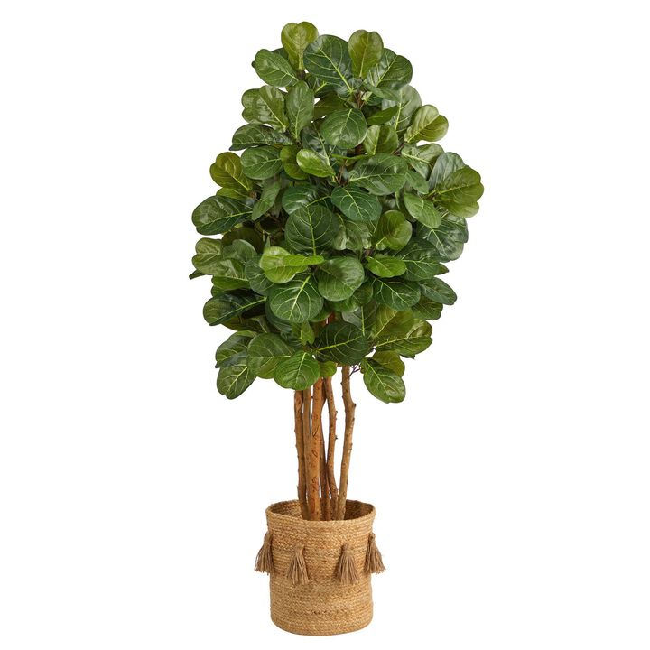 Nearly Natural 5-ft Fiddle Leaf Fig Tree in Natural Jute Planter w/Tassels