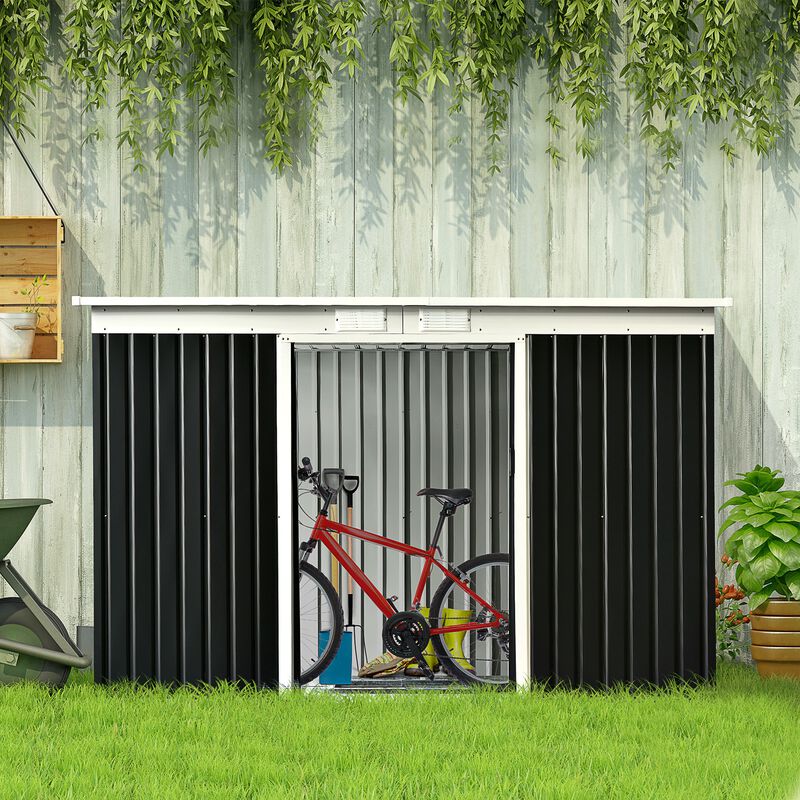 Outsunny 9' x 4' Outdoor Storage Shed, Galvanized Metal Utility Garden Tool House, 2 Vents and Lockable Door for Backyard, Bike, Patio, Garage, Lawn, Gray