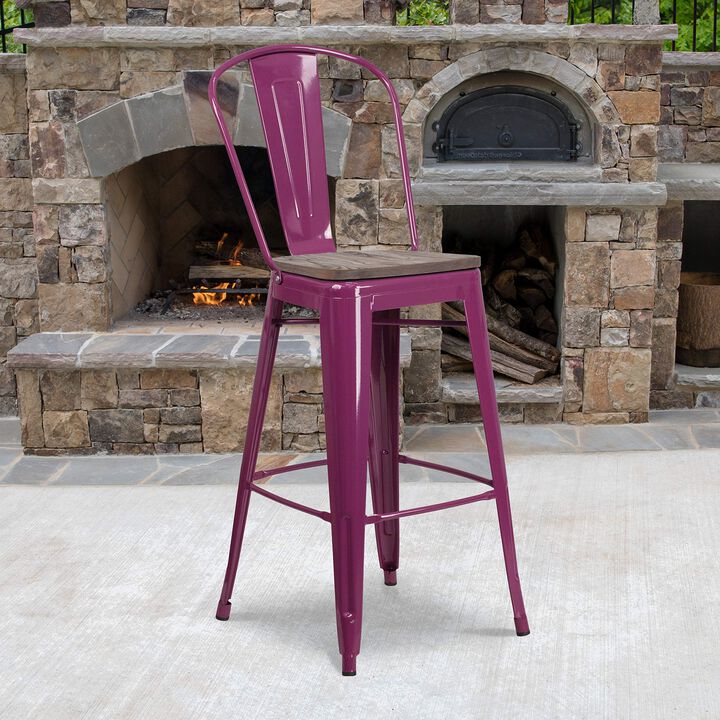 Flash Furniture 30" High Purple Metal Barstool with Back and Wood Seat