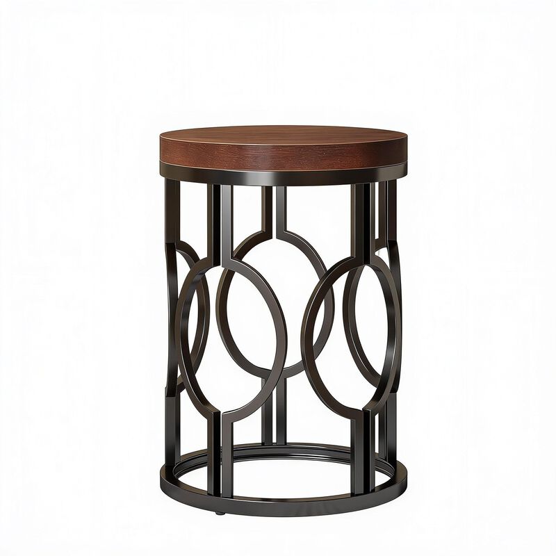 Tribesigns Round End Table, Industrial Side Table with Metal Hollow Frame, Rustic Brown Nightstand Bedside Table for Living Room and Bedroom, Walnut Finish Sofa Table, Holds 88 lbs image number 0