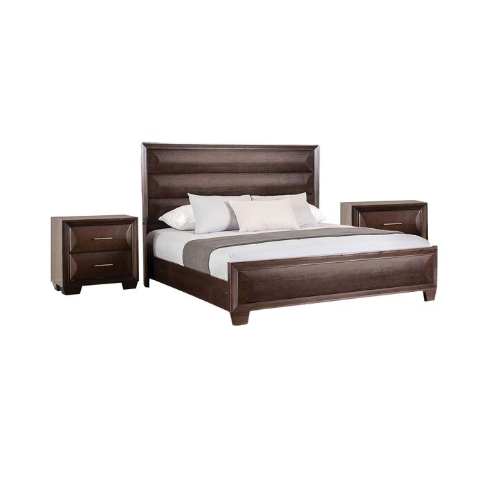 3pc King Bedroom Set, Espresso Brown, Gold Wood, 2 Nightstands