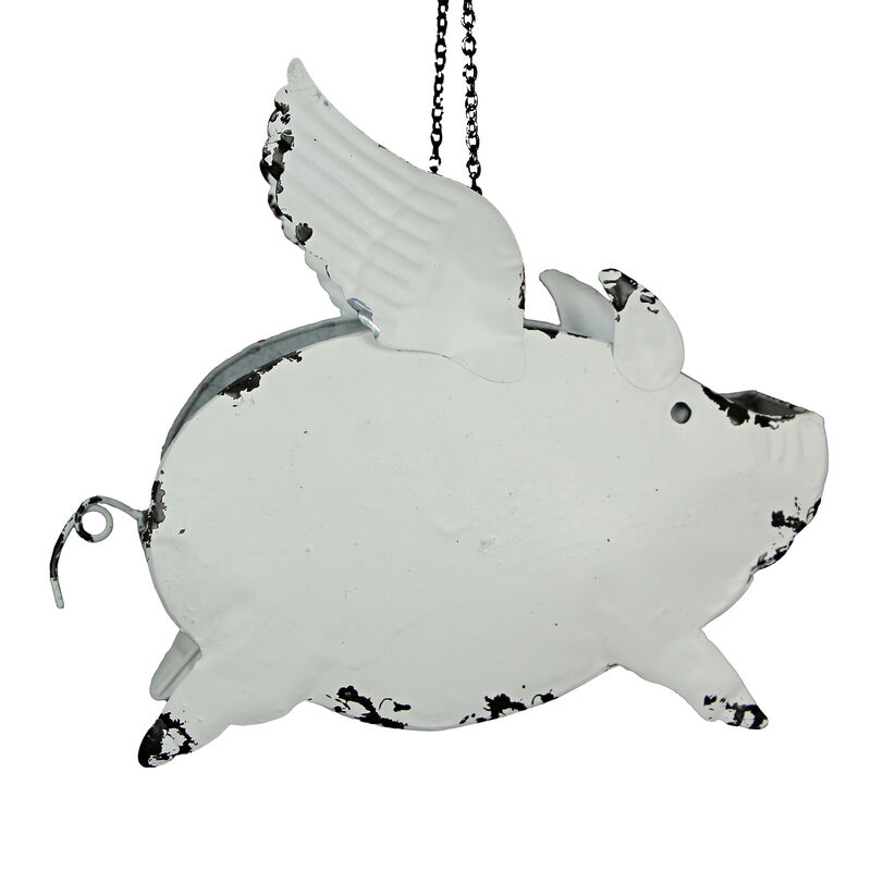 Metal Distressed White Flying Pig Hanging Planter Set Large & Small Flower Pots image number 2