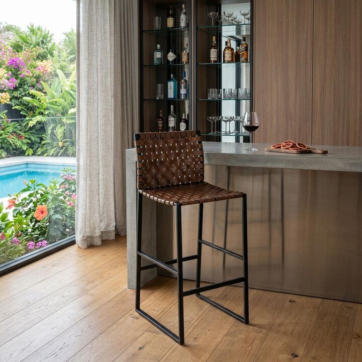 HomeRoots 28" Brown And Black Leather And Iron Bar Chair