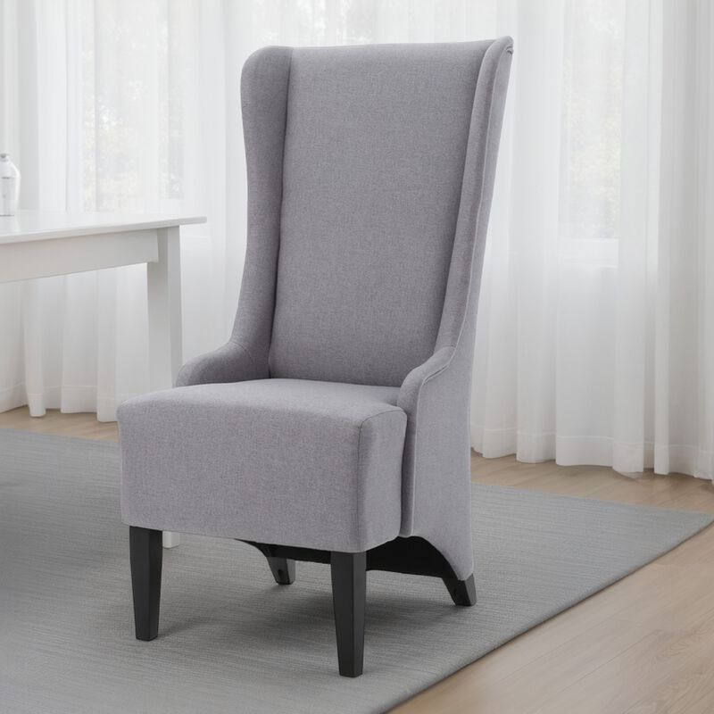 Becca Dining Chair, High Wingback Brown Birch Wood, Light Gray Fabric - Benzara