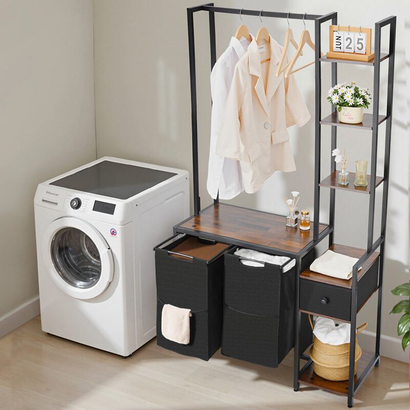 Freestanding Laundry Hamper with Rack, 3 Tier Shelves and 2 Section Sorter with Drawers-Black image number 1