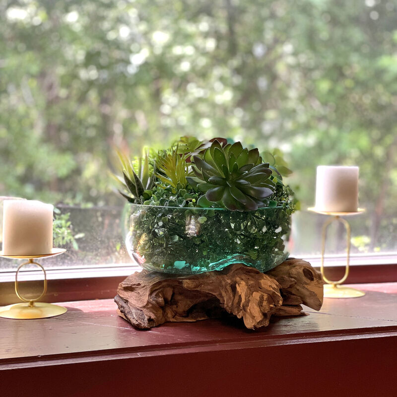 Molten Glass Bowl on Driftwood 10" Hand Blown Decorative Centerpiece Planter image number 7