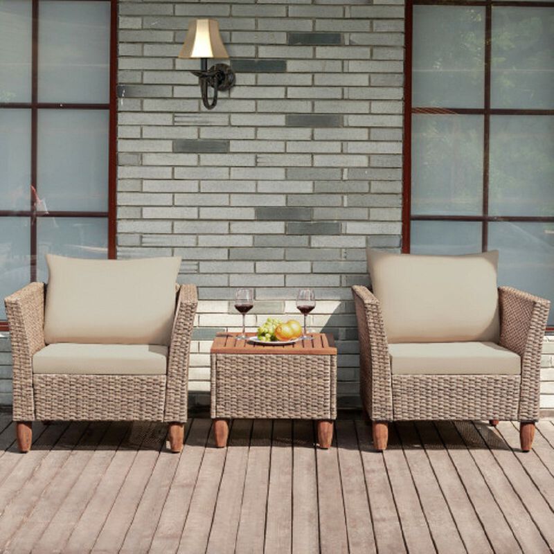3 Pieces Patio Rattan Furniture Set with Washable Cushion for Yard Porch-Beige