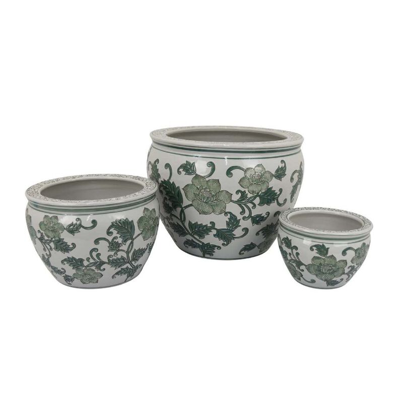 Hely 3 Planter Set, Green White Floral Glazed Ceramic 16, 12, 8 Inch