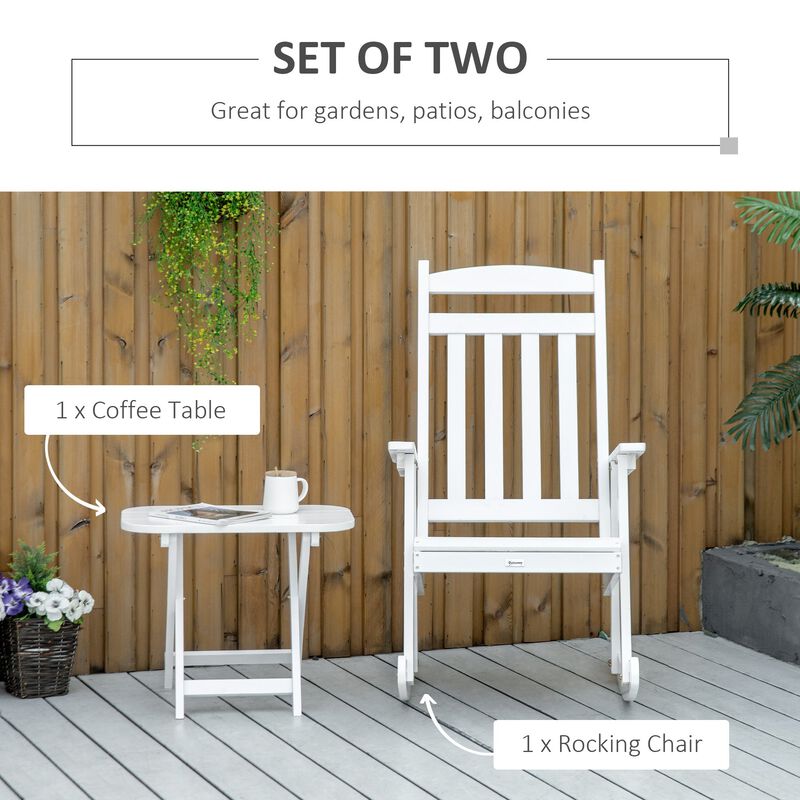 Wooden Outdoor Rocking Chair, 2-Piece Porch Rocker Set with Foldable Table for Patio, Backyard and Garden, White