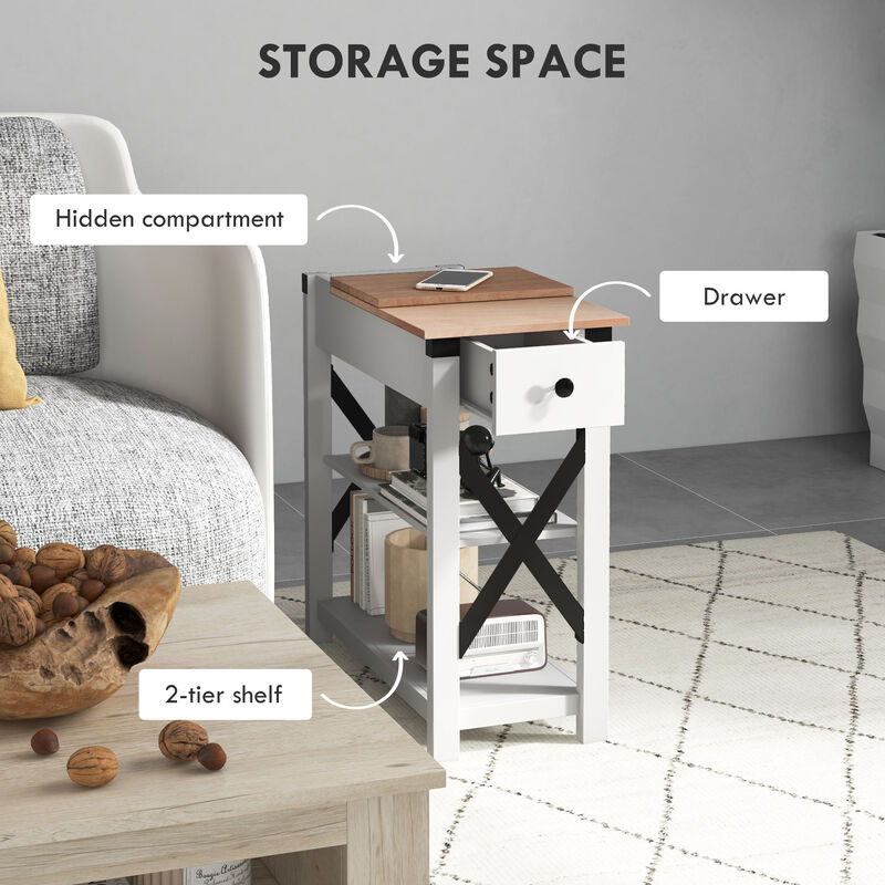 Side Table with Charging Station, End Table with Storage, White