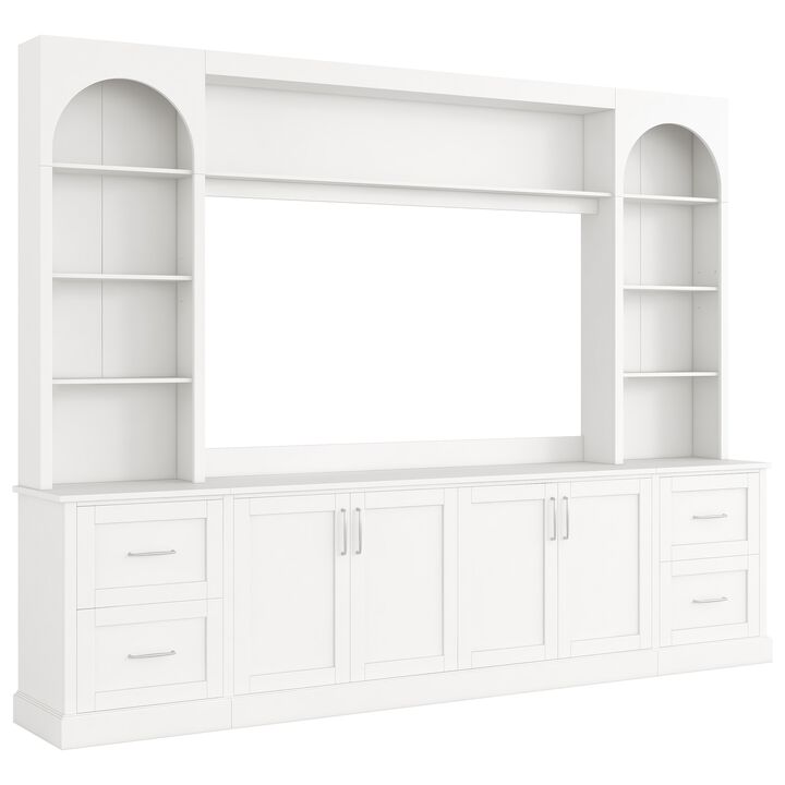 Merax All-in-One TV Stand with Arched Design, 4 Drawers, Adjustable Shelves, Built-in Cable Holes