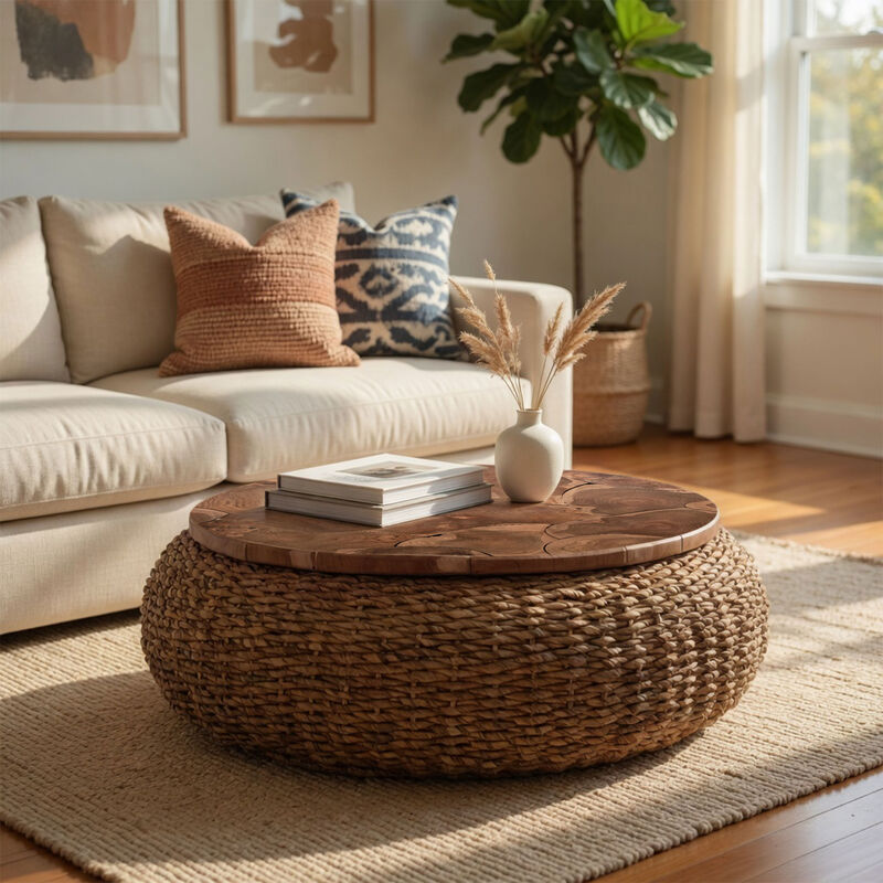 Jyra 47 Inch Round Coffee Table, Teak Wood Mosaic Top, Woven Banana Leaf Base, Natural Brown image number 5