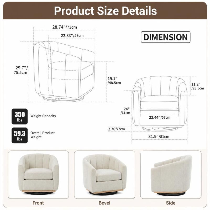GOODSILO 31.89 Inch Wide Modern Chenille 360 Swivel Tufted Pumpkin-Shape Barrel Armchair for Living Room Bedroom Lounge Office image number 1