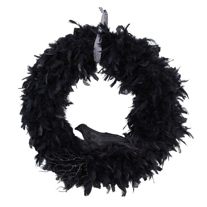 Nearly Natural 30-in Halloween Raven Feather Wreath