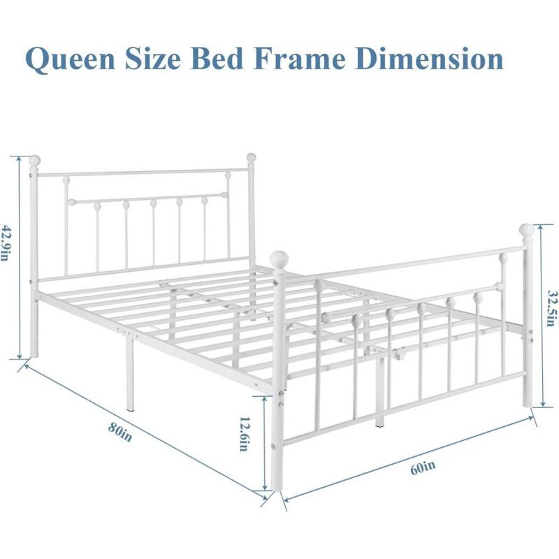 Hivvago Queen size Vintage Style White Metal Platform Bed Frame with Headboard Footboard