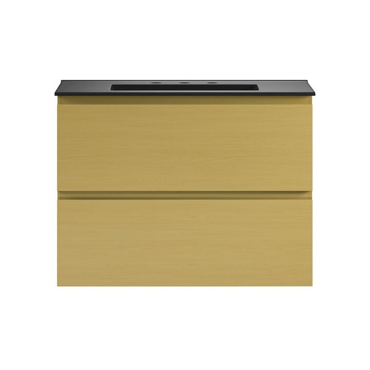 30" Wall-Mounted Bathroom Vanity, Natural Oak, Black 3-Hole Widespread Sink Top