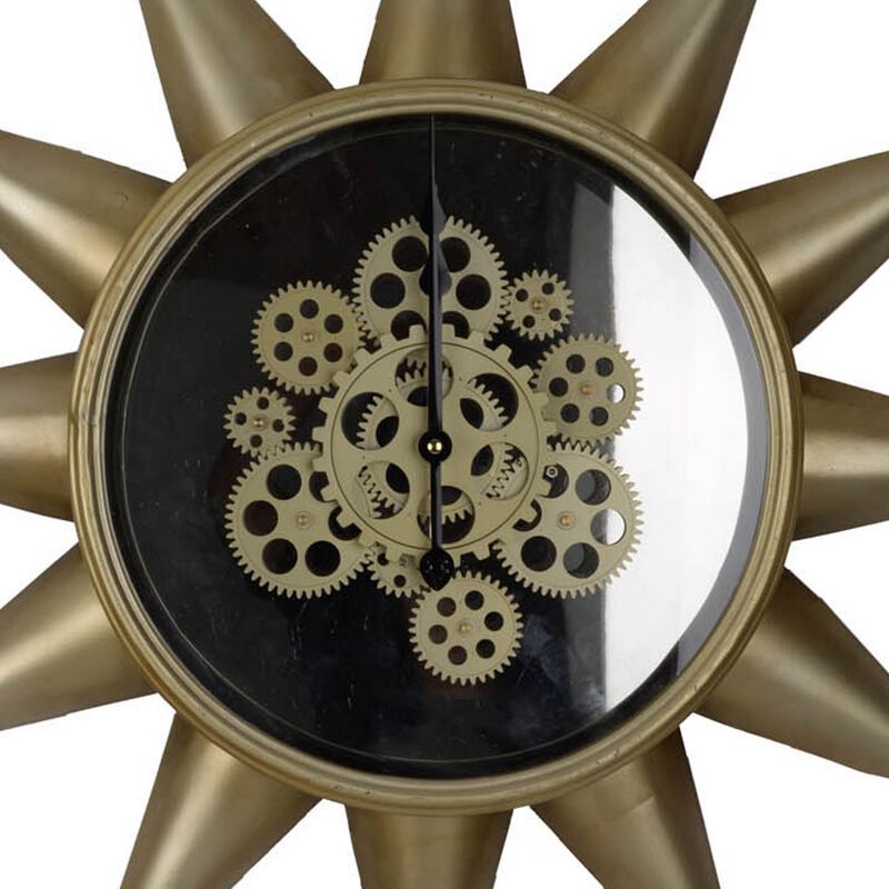 28 Inch Hanging Wall Clock, Sunlike Star Gear Design, Iron, Gold and Black - Benzara