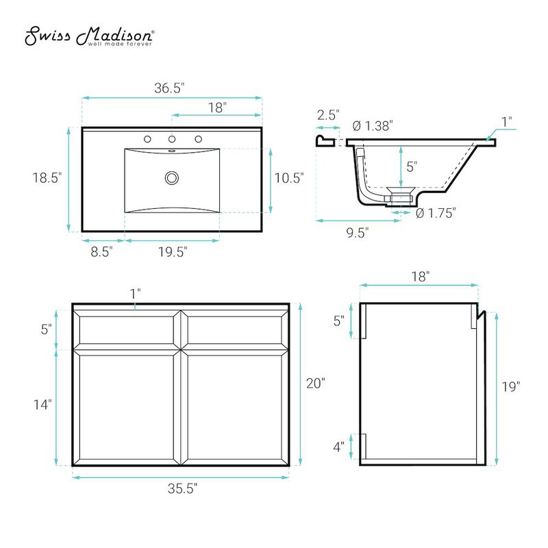 36" Wall-Mounted Bathroom Vanity in Brown Oak with 3-Hole Widespread Sink Top image number 5