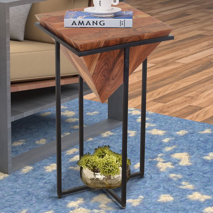26 Inch Pyramid Shape Wooden Side Table With Cross Metal Base, Brown and Black-Benzara