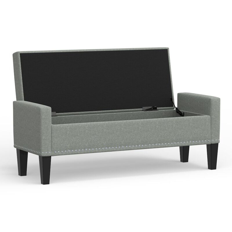 Rize Home 51.25 Storage Bench with Truncated Arms + Nailhead Trim - Stone (Light Gray) image number 2