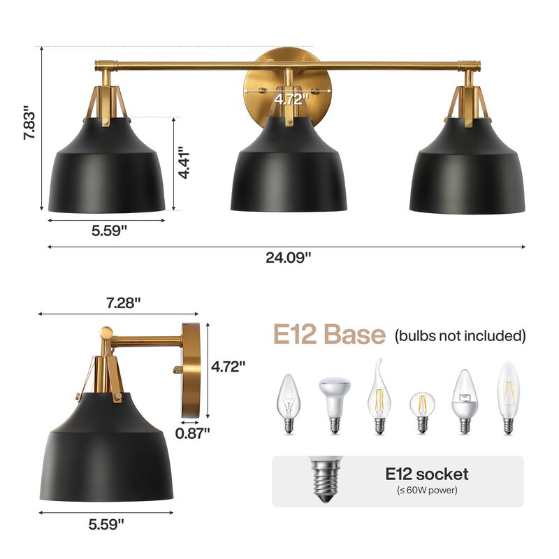 Black and Gold Bathroom Vanity Light, Three-Light Metal Bell Shades image number 2