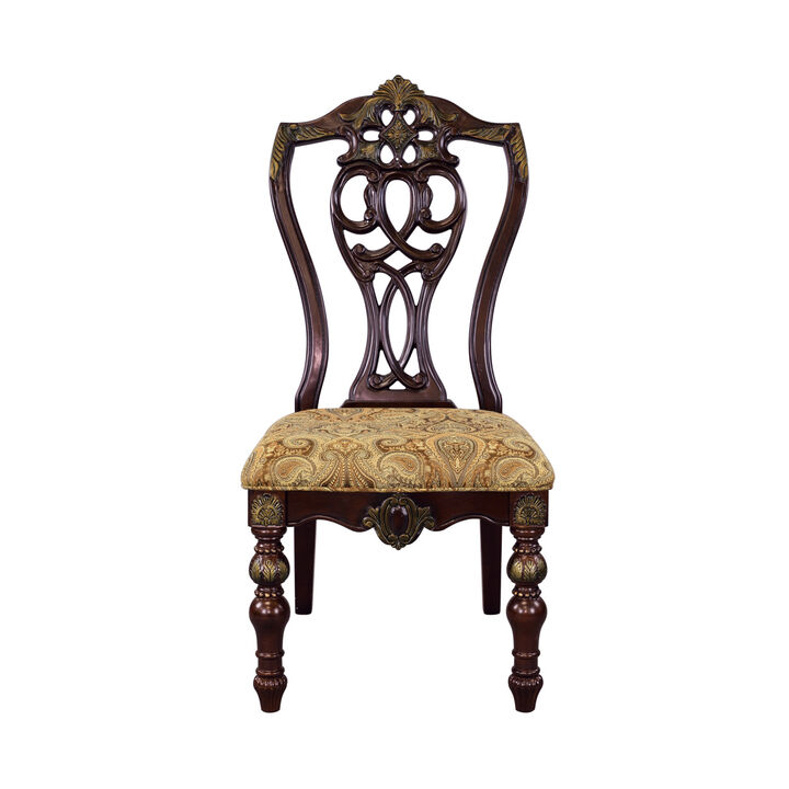 Formal Traditional Dining Chairs 2pc Set Dark Cherry Finish with Gold Tipping Jacquard Fabric Upholstered Extravagant Carving Dining Room Furniture