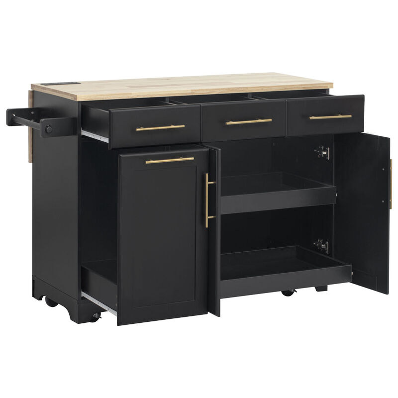 Merax Rolling Kitchen Island with Drop Leaf & Power Outlet - 2 Pull-Out Organizers, Trash Storage, Spice Rack & Towel Holder