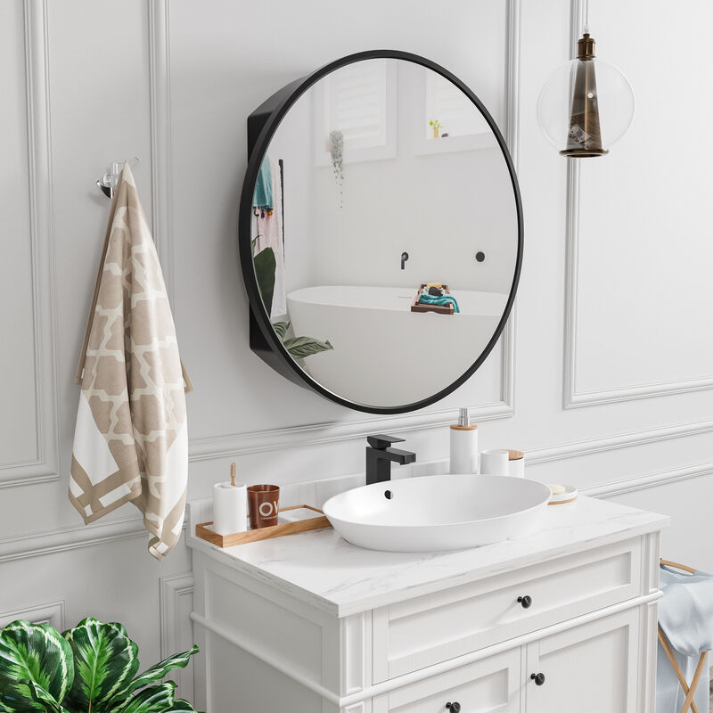24 Round Black Surface Mount Medicine Cabinet with Mirror