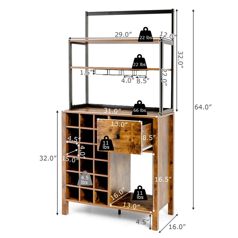 Kitchen Bakers Rack Freestanding Wine Rack Table with Glass Holder and Drawer