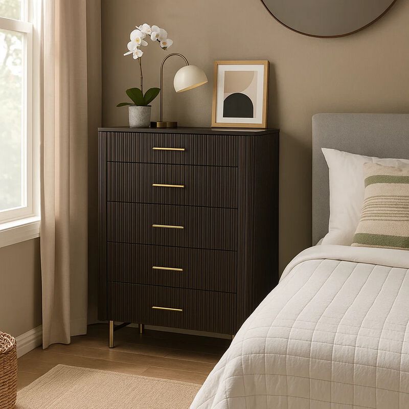 Jeh Tall Dresser Chest, 5 Drawers, Espresso Brown Wood and Gold Metal