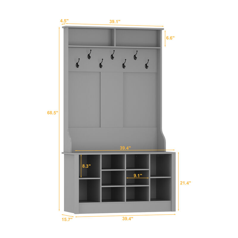 68.5 in. Black Wood 3-in-1 Hall Tree Coat Rack Storage Bench with 7-Metal Double Hooks and Shelves image number 9