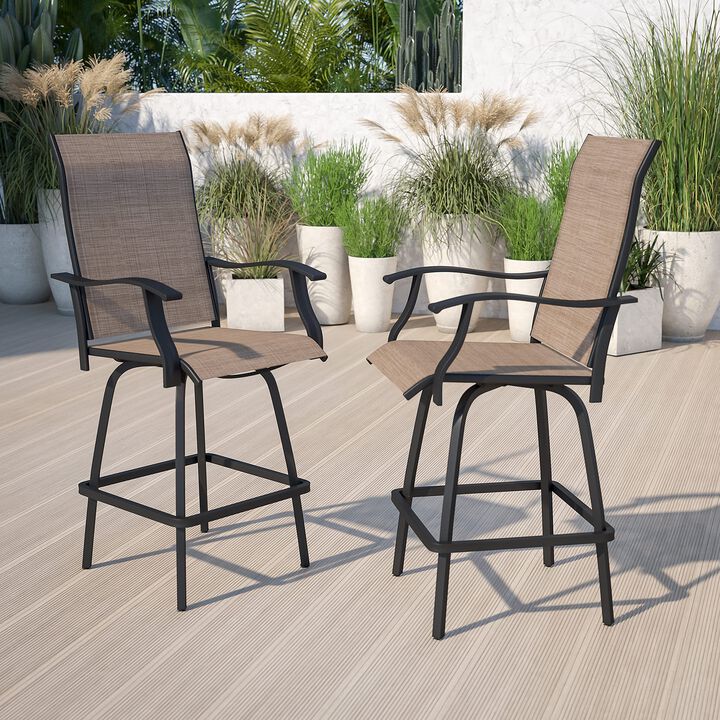 Flash Furniture Valerie Patio Bar Height Stools Set of 2, All-Weather Textilene Swivel Patio Stools with High Back & Armrests in Brown