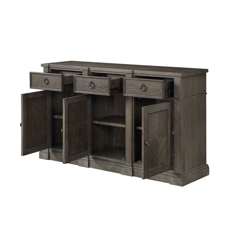 Koa 67 Inch Sideboard Server Console, 3 Beveled Drawers, Driftwood Brown - Benzara