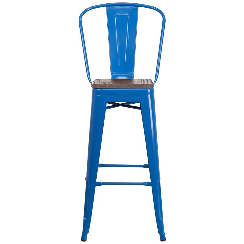 Flash Furniture Lily 30" High Blue Metal Barstool with Back and Wood Seat