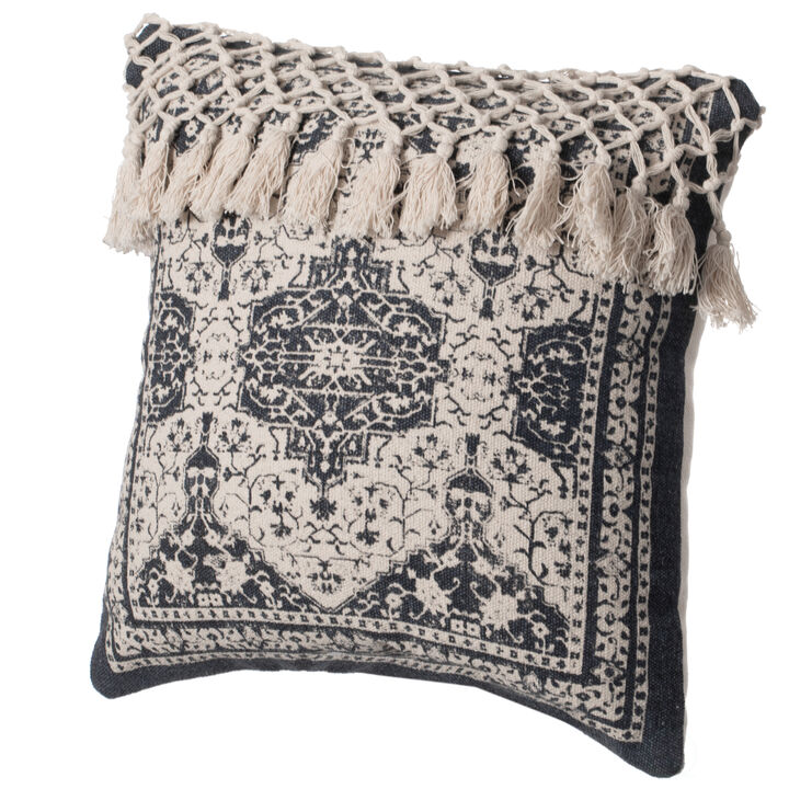 16" Handwoven Cotton Throw Pillow Cover with Traditional Pattern and Tasseled Top, Navy